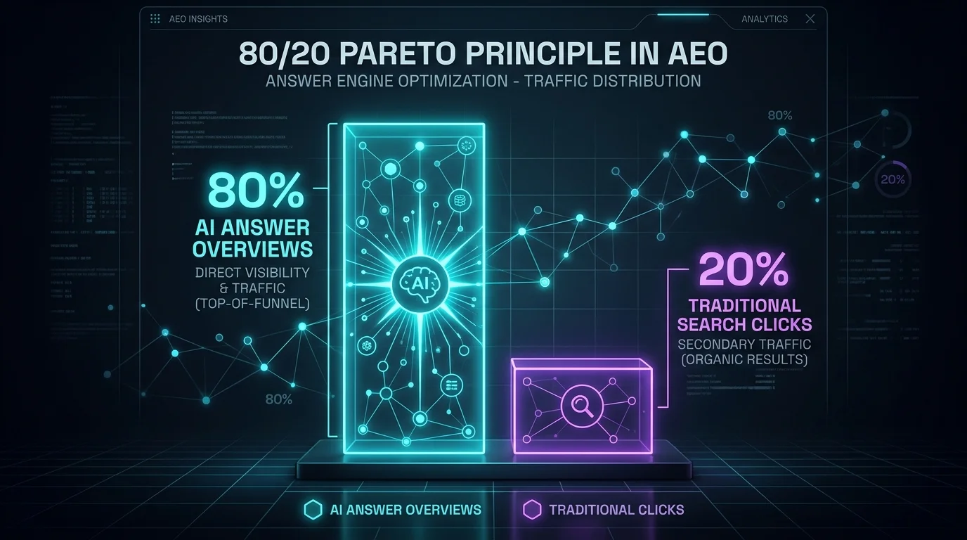 Graph showing the Pareto principle 80/20 rule applied to AI Answer Engine Optimization vs Traditional SEO clicks